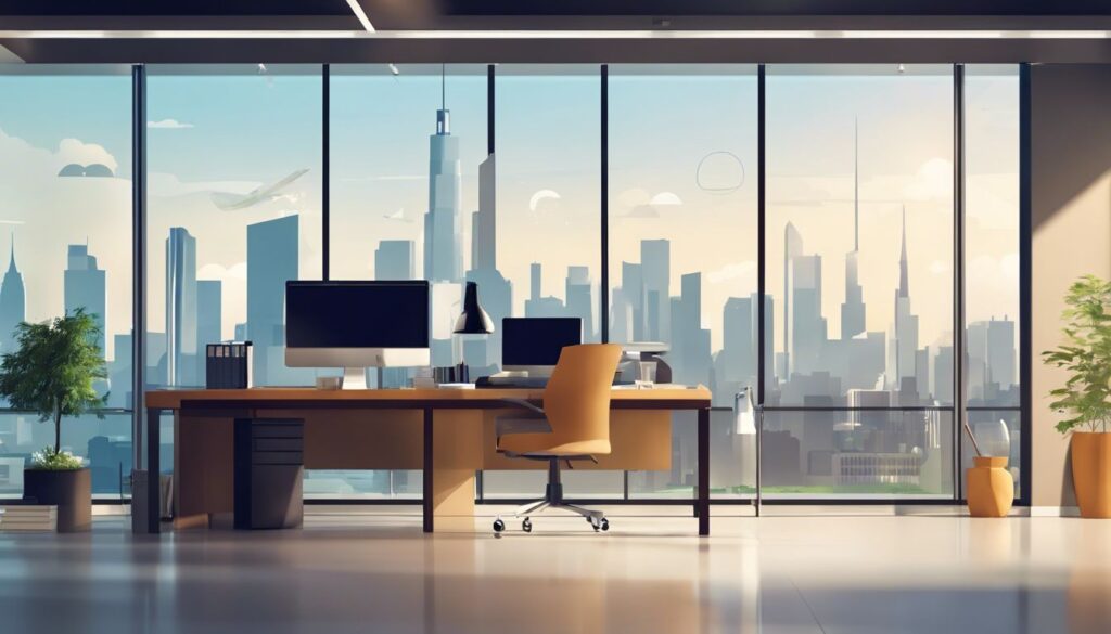 Moderne kantooromgeving met service desk software logo's en pictogrammen.