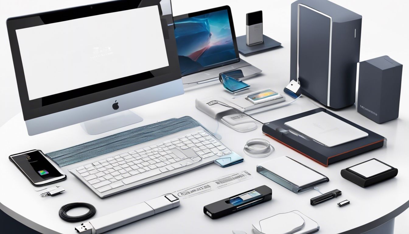 Een USB-drive omringd door moderne technologische gadgets in een kantooromgeving.