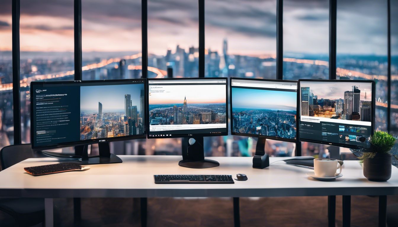 Vergelijking van online platforms met stadsgezichten op computerschermen. Vergelijking van online platforms met stadsgezichten op computerschermen.