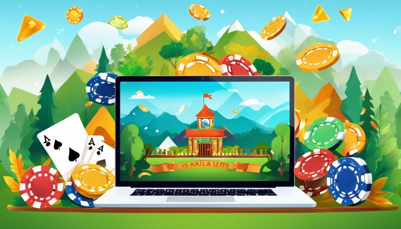 Een verscheidenheid aan levendige online casinospellen op een laptop omgeven door natuurlijke foto's.