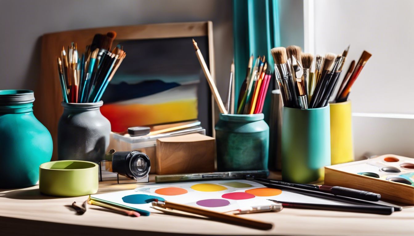 Een zorgvuldig gearrangeerde stilleven van kunstbenodigdheden en bewerkingstools. Een zorgvuldig gearrangeerde stilleven van kunstbenodigdheden en bewerkingstools.