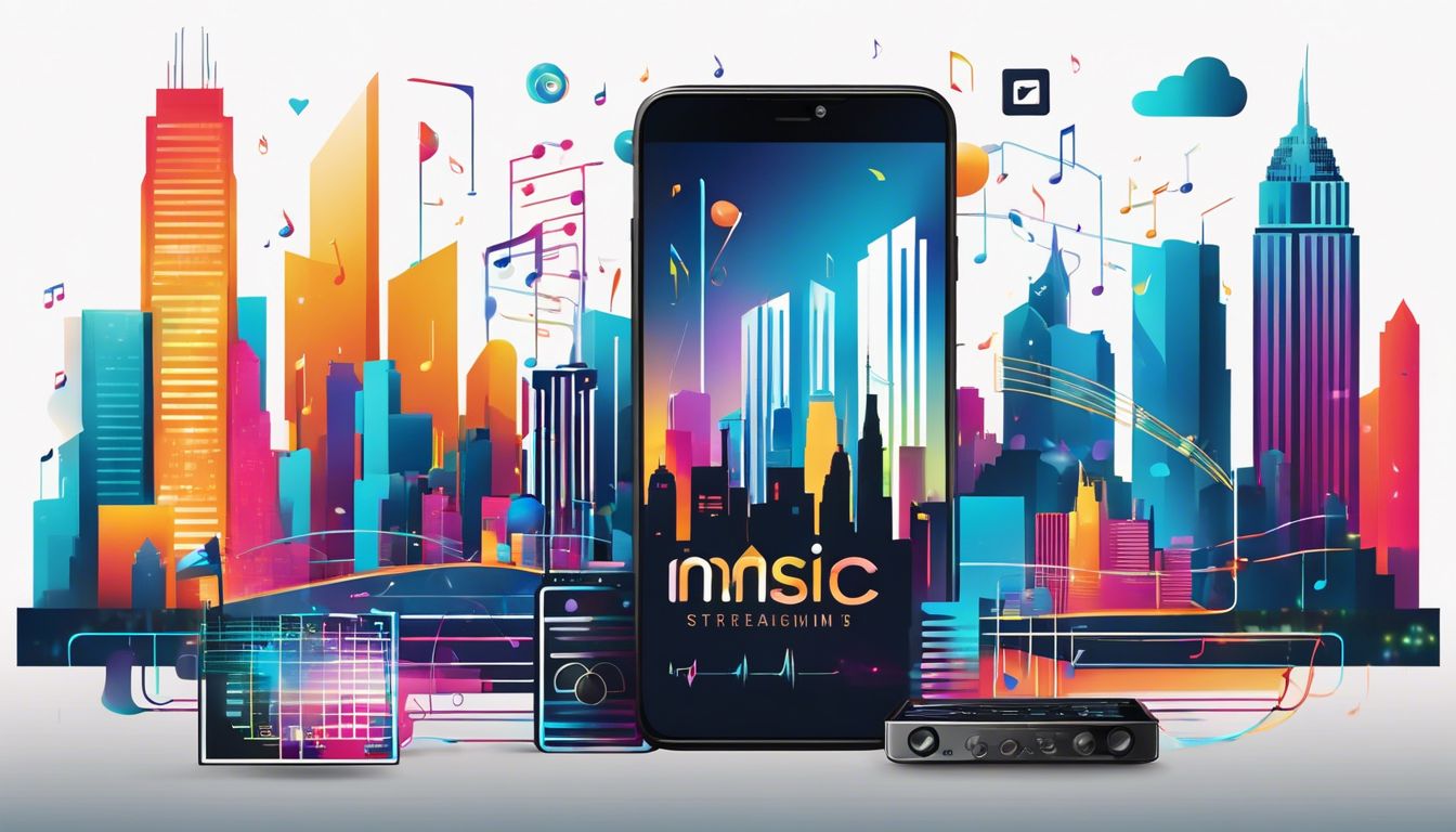 Een smartphone met muziekstreaming-apps, omringd door audiotoestellen en een stadsgezicht.