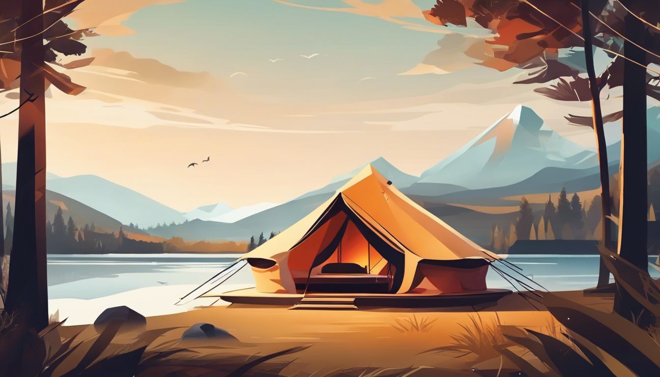 Een luxe tent in een serene natuurlijke omgeving, met nadruk op rust en sereniteit.