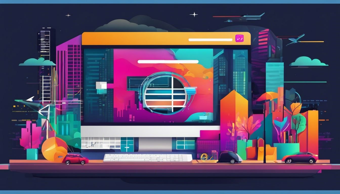 Een levendig computerscherm met design tools en stadsfotografie.