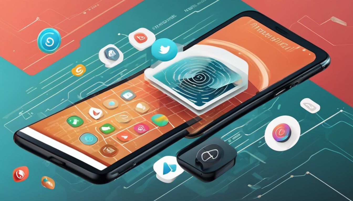 Een plat ontwerp van een mobiele telefoon met Signal en Telegram app-icoontjes op een beveiligde digitale achtergrond.