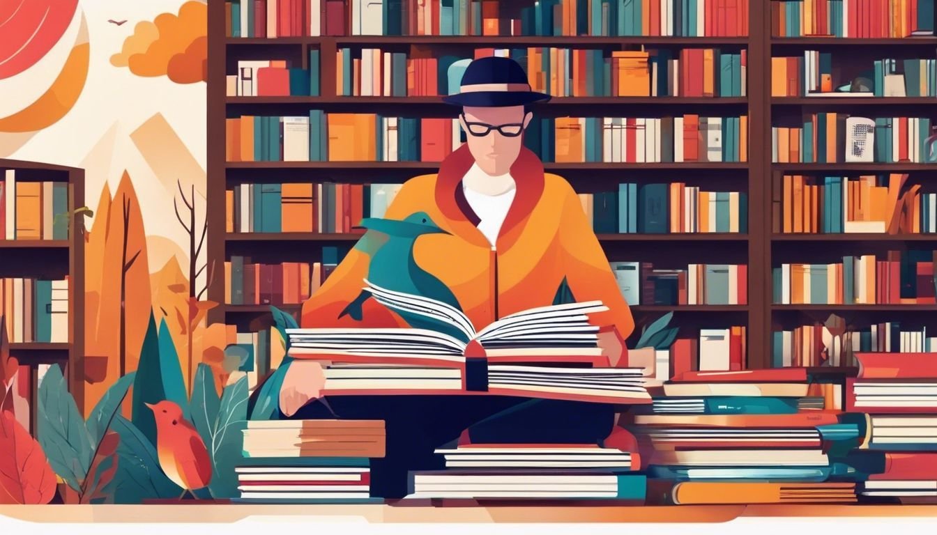 Een stapel alternatieve nieuwsbladen omringd door boeken en natuurfoto's.