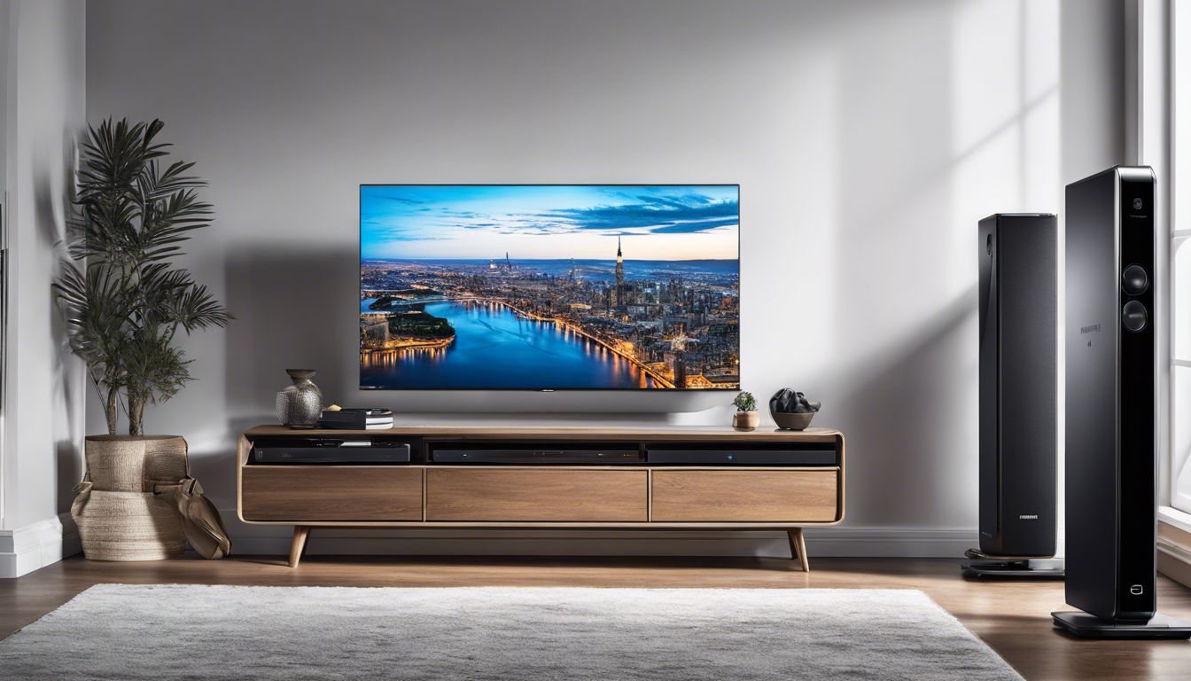 Een netjes georganiseerde home entertainment setup met Samsung One Connect Box.