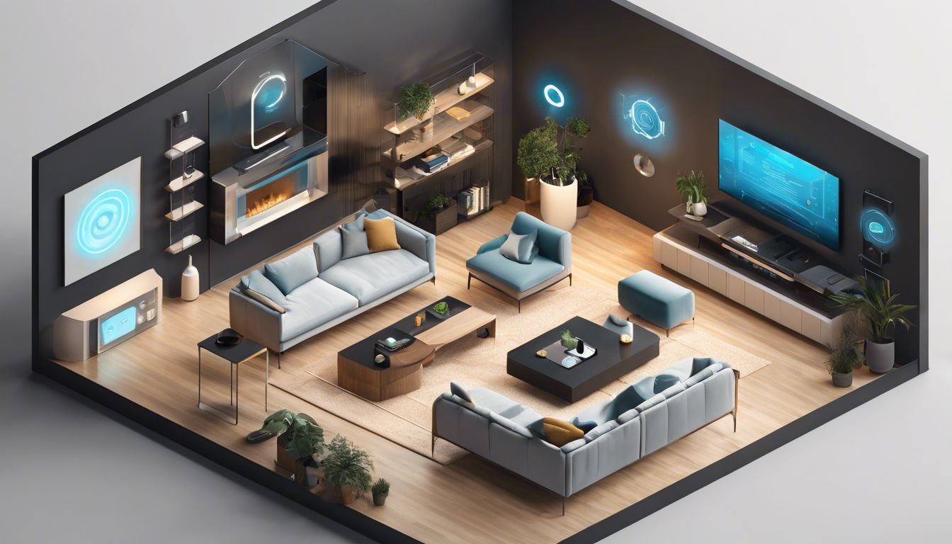 Een slimme hub omringd door verbonden slimme thuisapparaten in een modern huis.