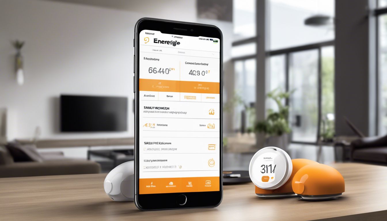 De Energiedirect mobiele app wordt getoond op een smartphone, omringd door moderne energiebesparende apparaten.
