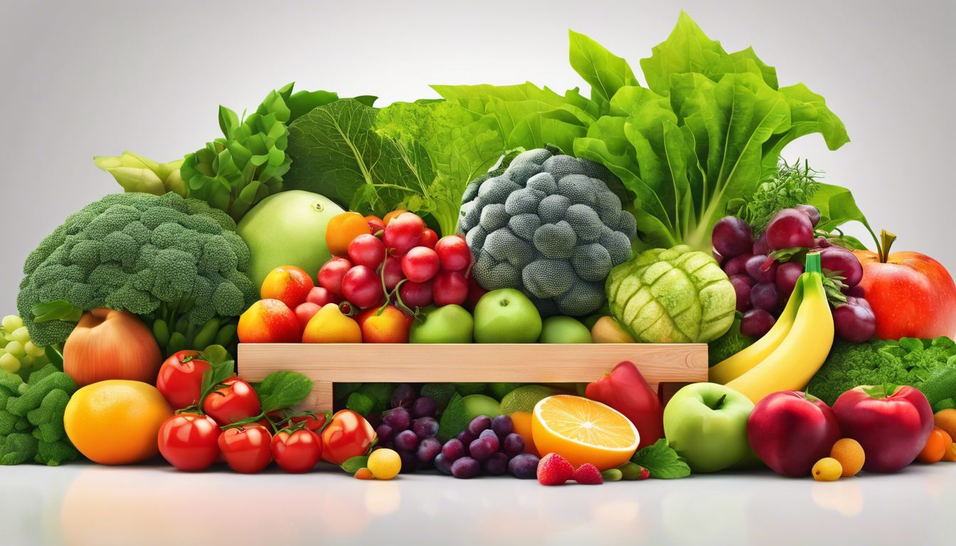 Een doos met diverse biologische fruit en groenten tussen weelderig groen.