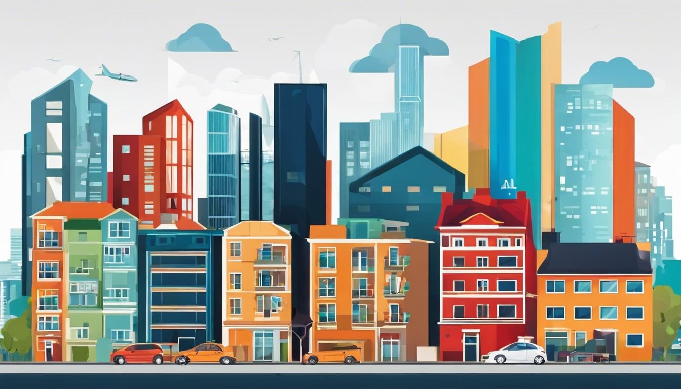 Verschillende vastgoedborden en advertenties tonen diverse architectuur in stedelijke omgeving.