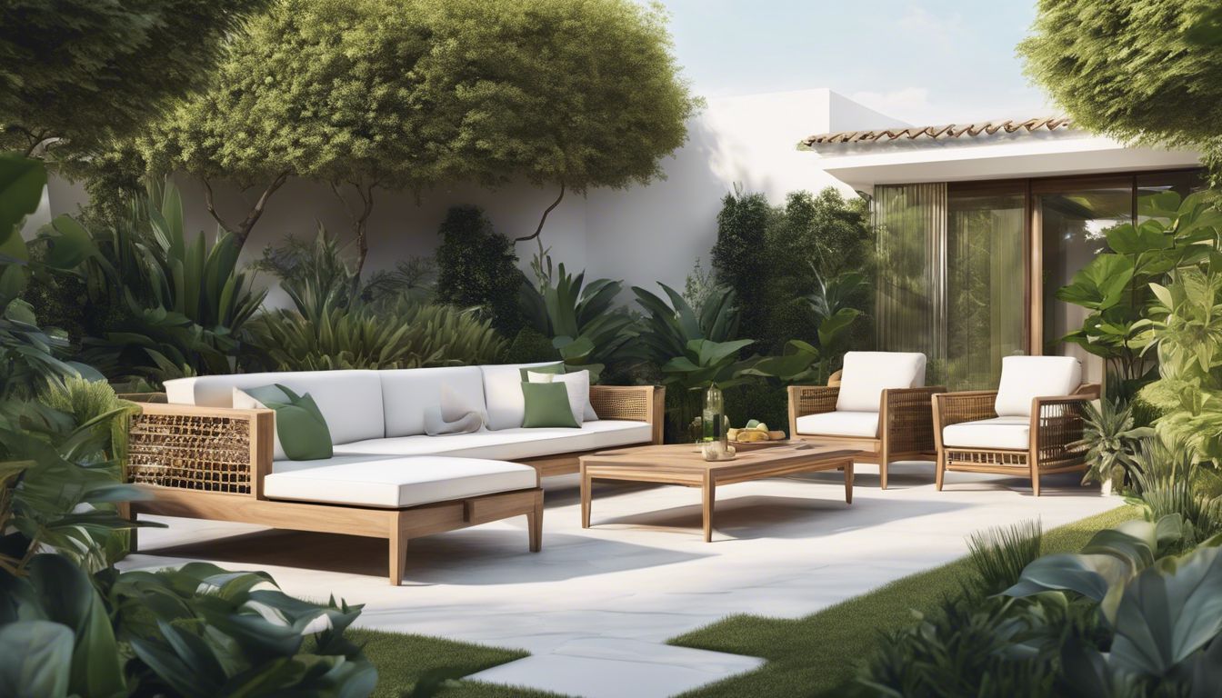 Een comfortabele buitenruimte met gezellig meubilair, omringd door een groene tuin. Een comfortabele buitenruimte met gezellig meubilair, omringd door een groene tuin.