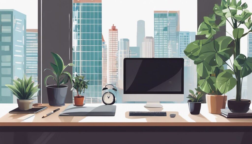 Een moderne georganiseerde bureausetup met laptop en kantoorbenodigdheden.