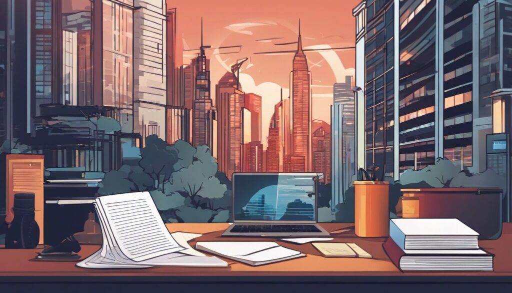 Een stapel digitale flashcards omringd door studiematerialen met stadsgezicht op de achtergrond.