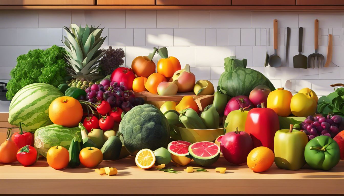 Een verscheidenheid aan vers fruit en groenten op een keukenblad.