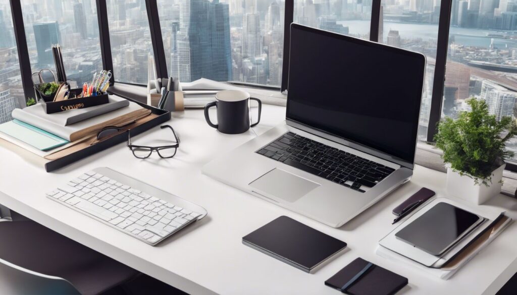 Een georganiseerde en productieve werkruimte met een bureau, laptop en kantoorbenodigdheden.