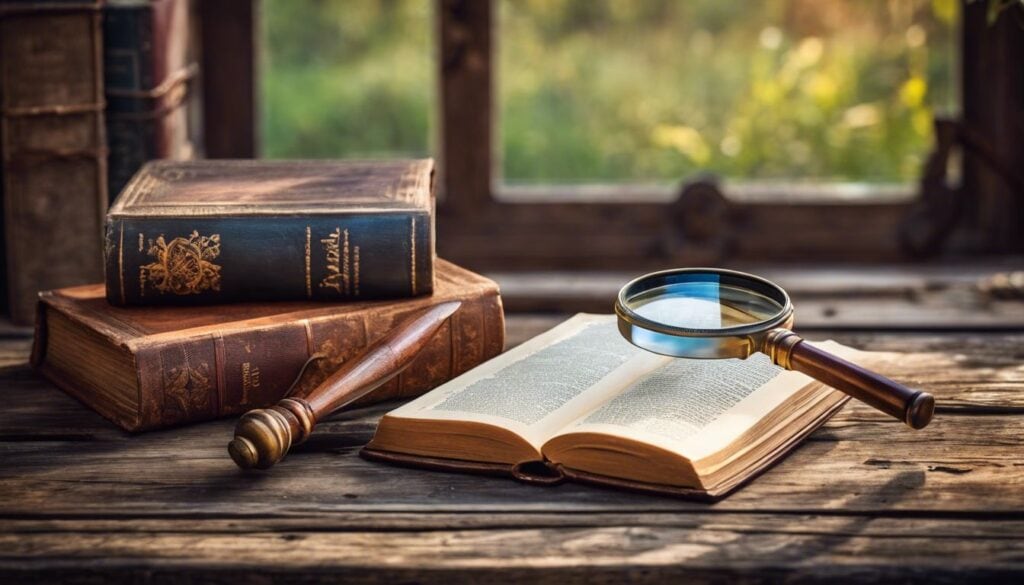 Een ouderwetse loep op een verweerde houten tafel temidden van antieke boeken en natuurfoto's.