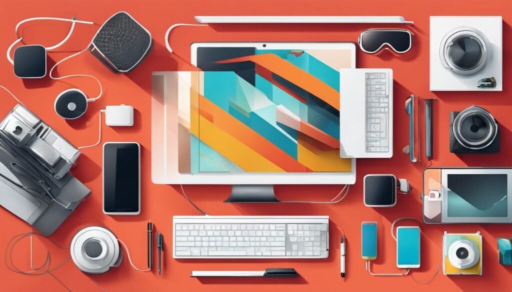 Een verscheidenheid aan elektronische apparaten en gadgets op een strak modern kantoor bureau.