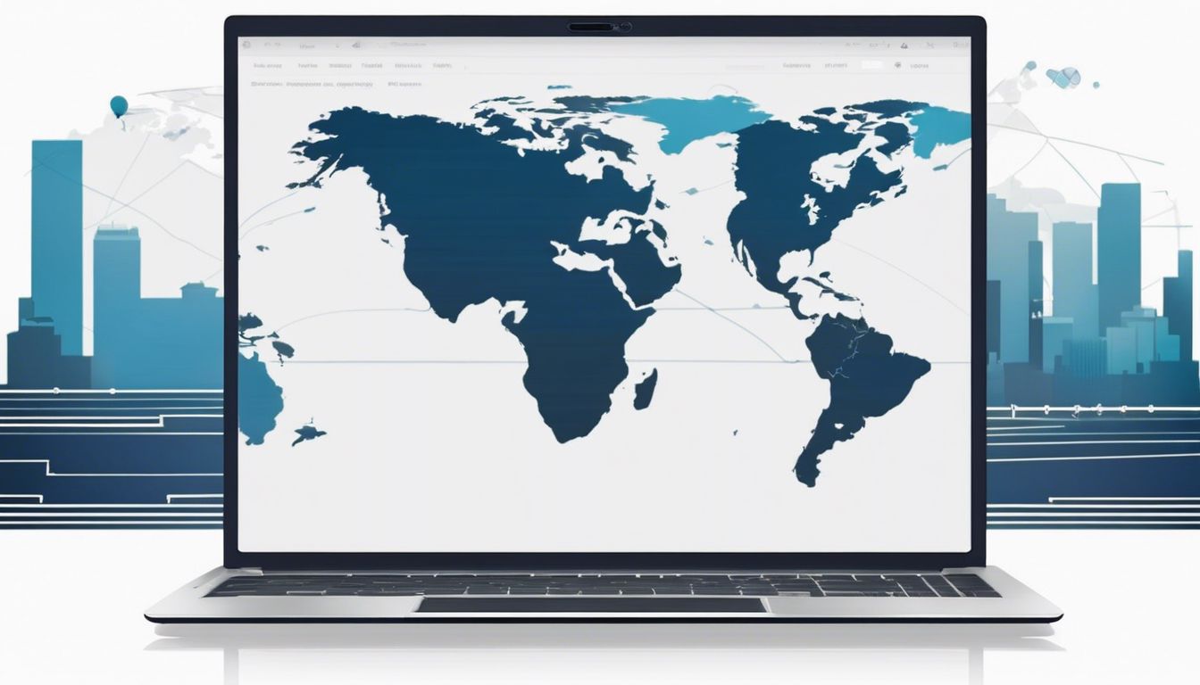 Een minimalistische laptop met wereldkaartachtergrond in flat designstijl.