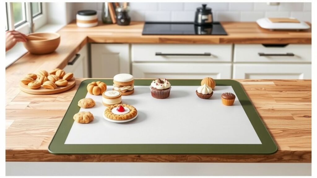 Een herbruikbare siliconen bakmat wordt gebruikt voor het bakken van verschillende desserts op een houten aanrecht.
