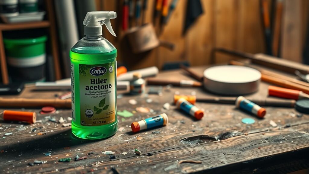 Een groen schoonmaakproduct wordt vergeleken met traditionele aceton op een rommelige werkbank.