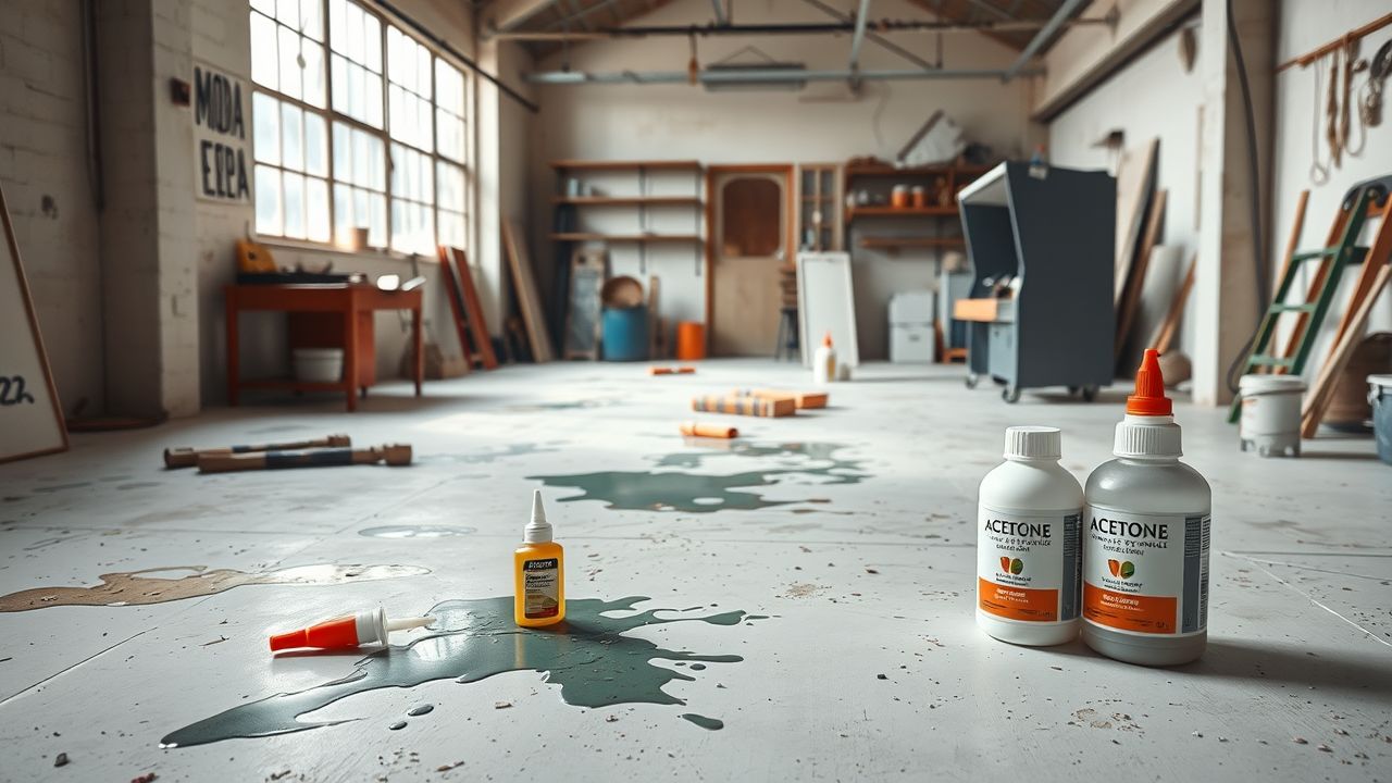 Een lege werkplaats met gemorst verf en lijmresten, met eco-vriendelijke acetonalternatieven.