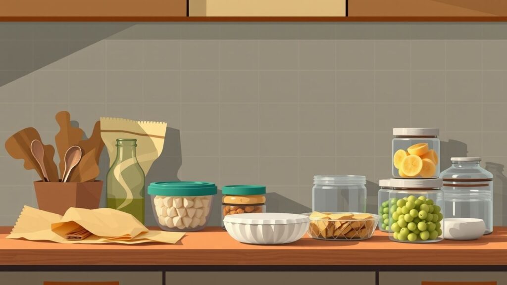 De afbeelding toont een keukenblad met milieuvriendelijke alternatieven voor aluminiumfolie.