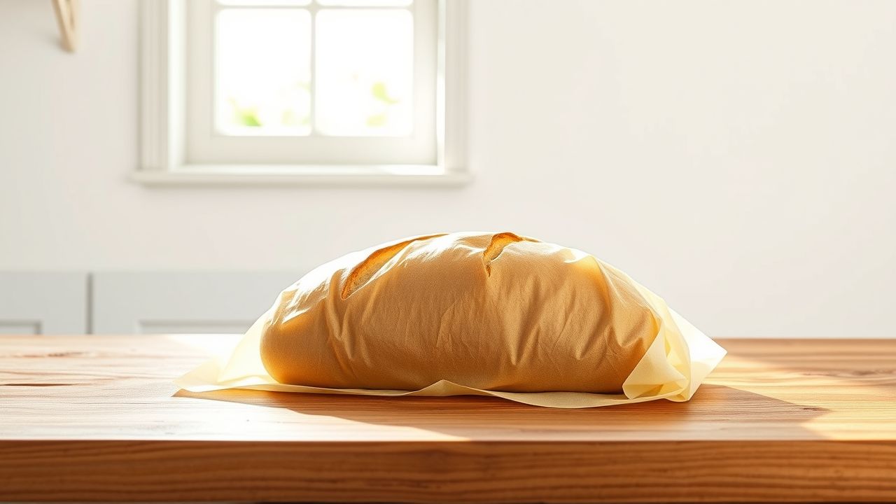 Een bijenwasdoek bedekt een brood op een houten aanrecht.