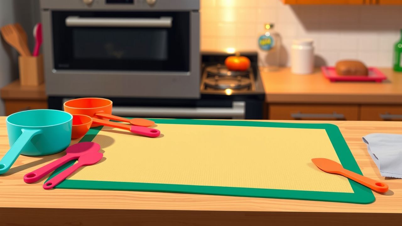 Een herbruikbare siliconen bakmat met bakgereedschap op een houten keukenblad.