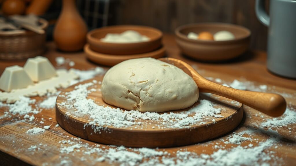 Een houten lepel spreidt deeg op een keukenaanrecht.