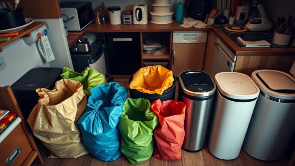 Eco-vriendelijke vuilniszakken naast moderne IKEA prullenbakken in een rommelige keuken.