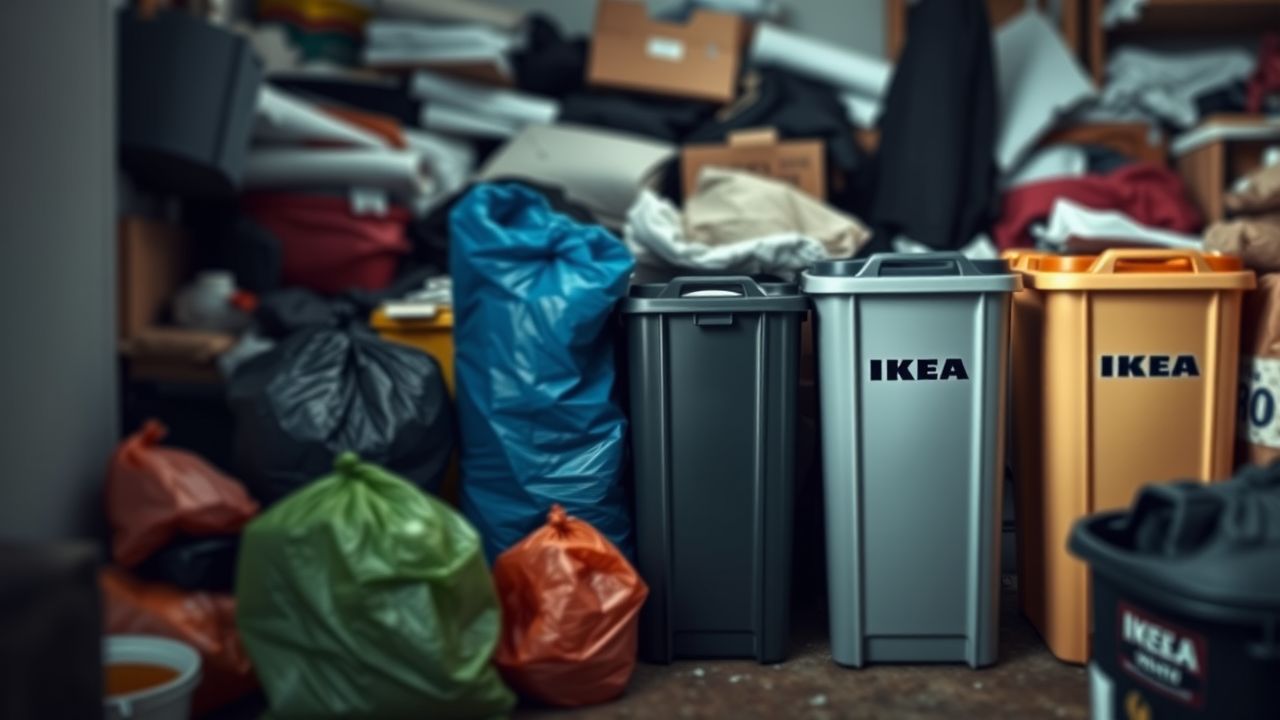 Afvalzakken naast IKEA prullenbakken, in rommelige kamer.