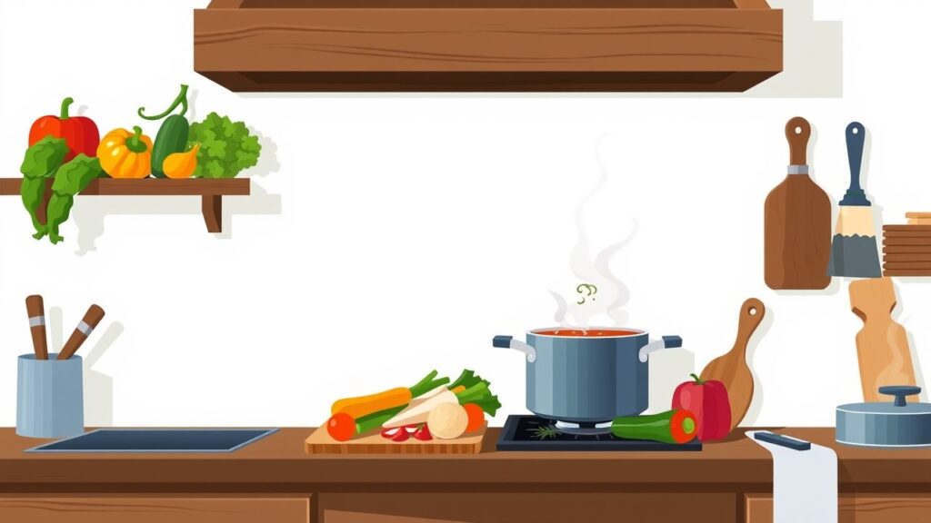 Een keukenblad met verse groenten, soep en keukengerei.