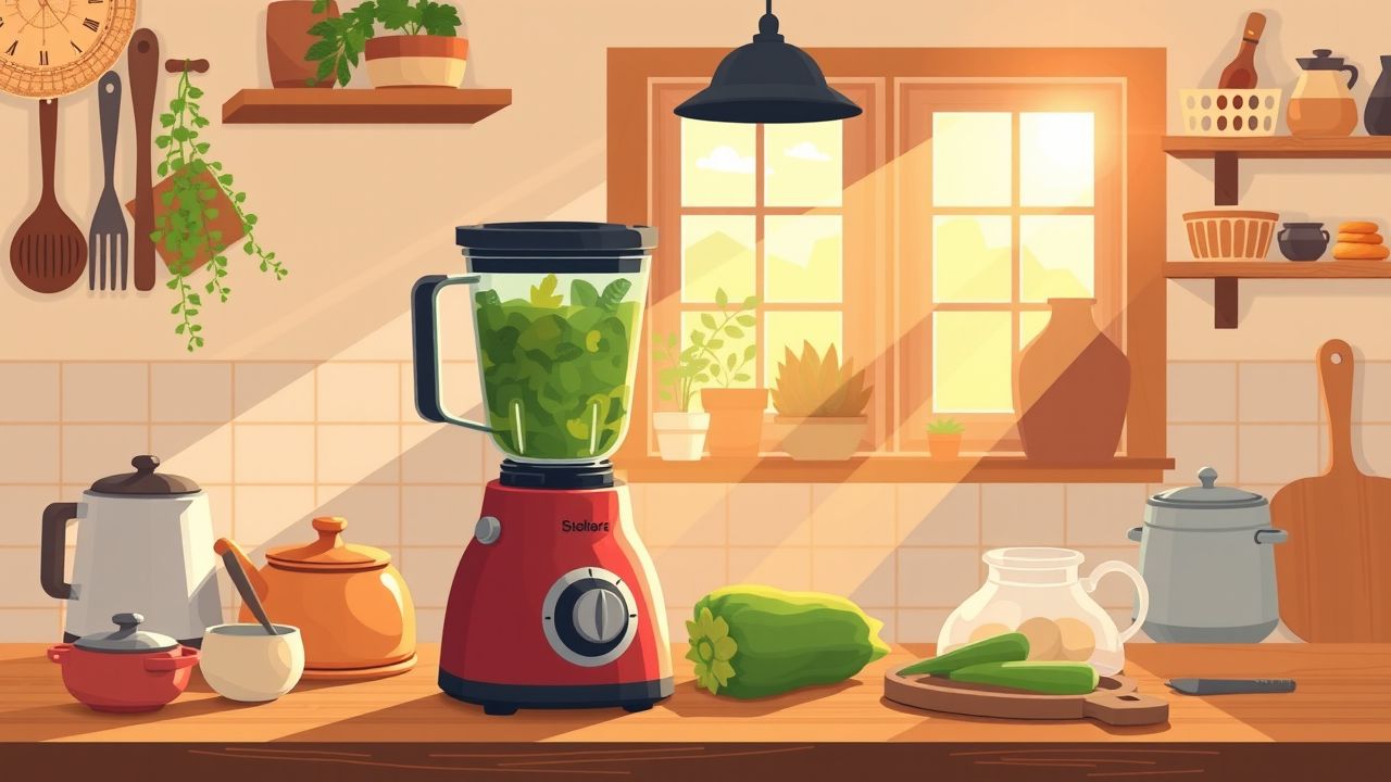 Een gezellige keuken met een oude blender die verse groentesoep mixt.
