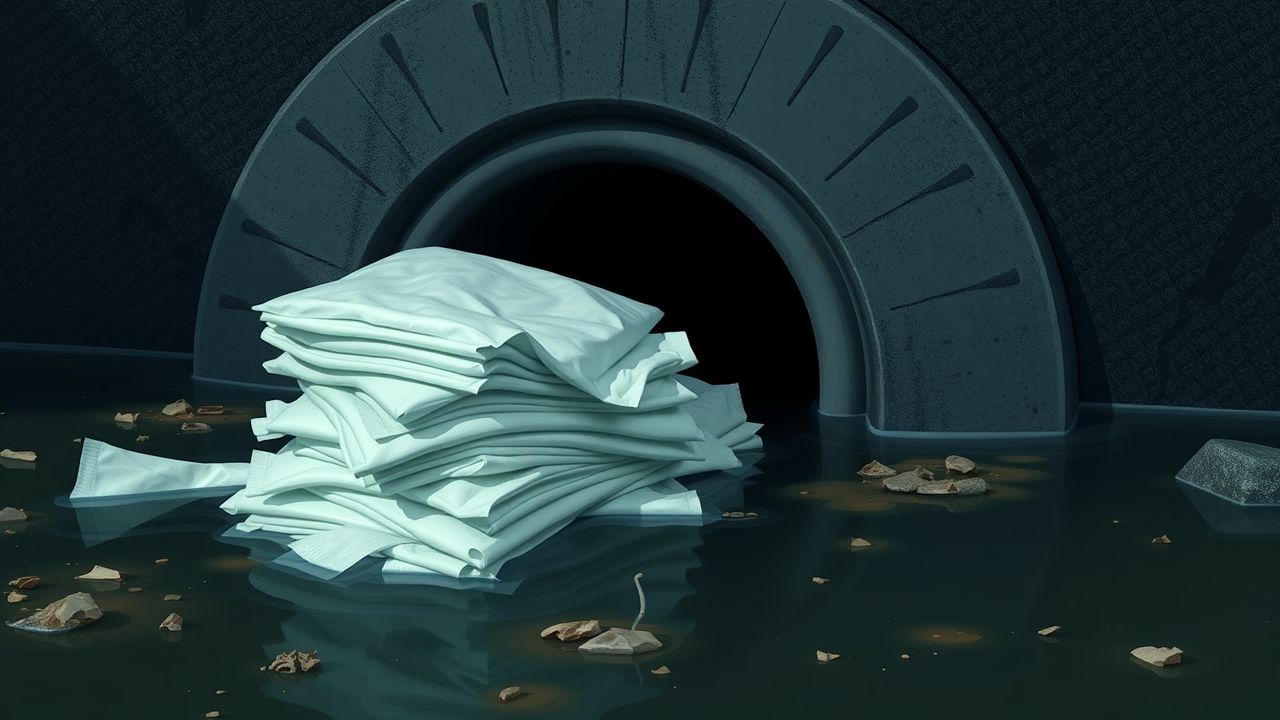 Een stapel niet-biologisch afbreekbare vochtige doekjes blokkeert een rioolbuis.