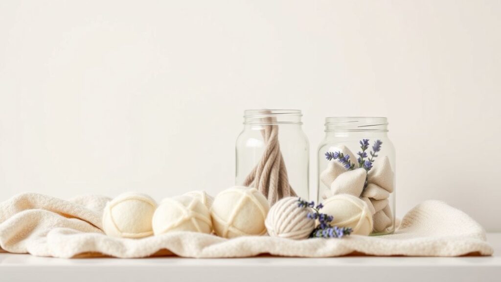 Een eenvoudige, milieuvriendelijke wasruimte met wolwasballen en lavendelzakjes.