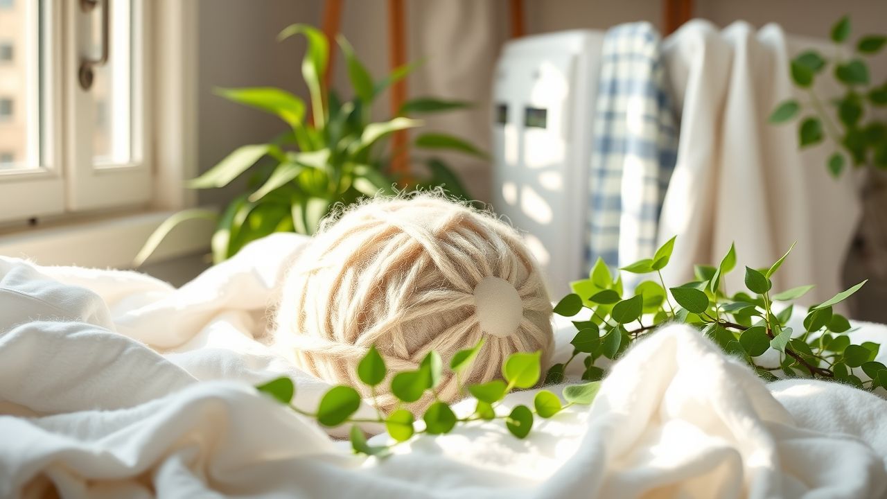 Een natuurlijke wollen drogerbal ligt tussen schone was in een gezellige wasruimte.