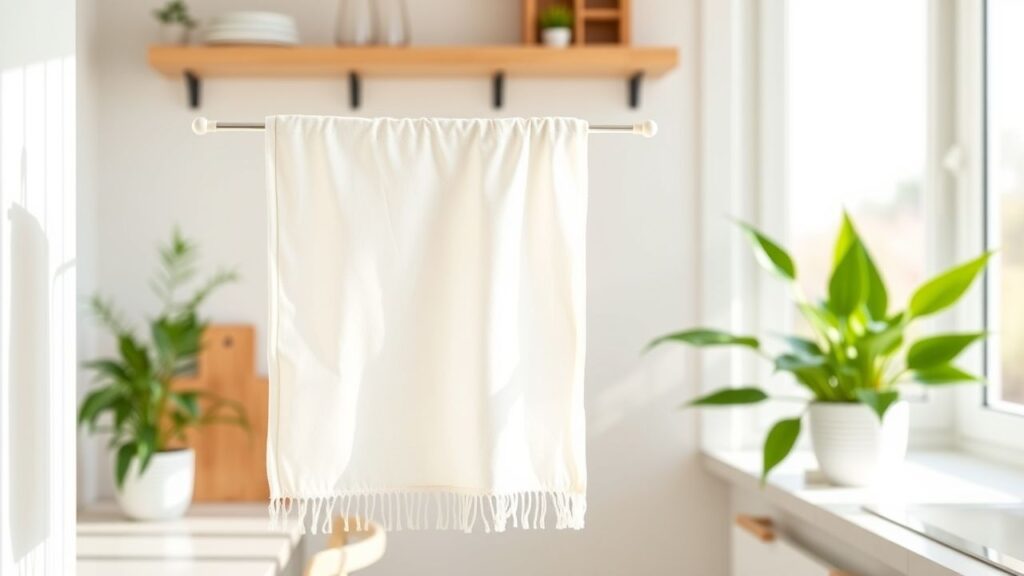 Een herbruikbare bamboe schoonmaakdoek hangt op een droogrek in een moderne keuken.