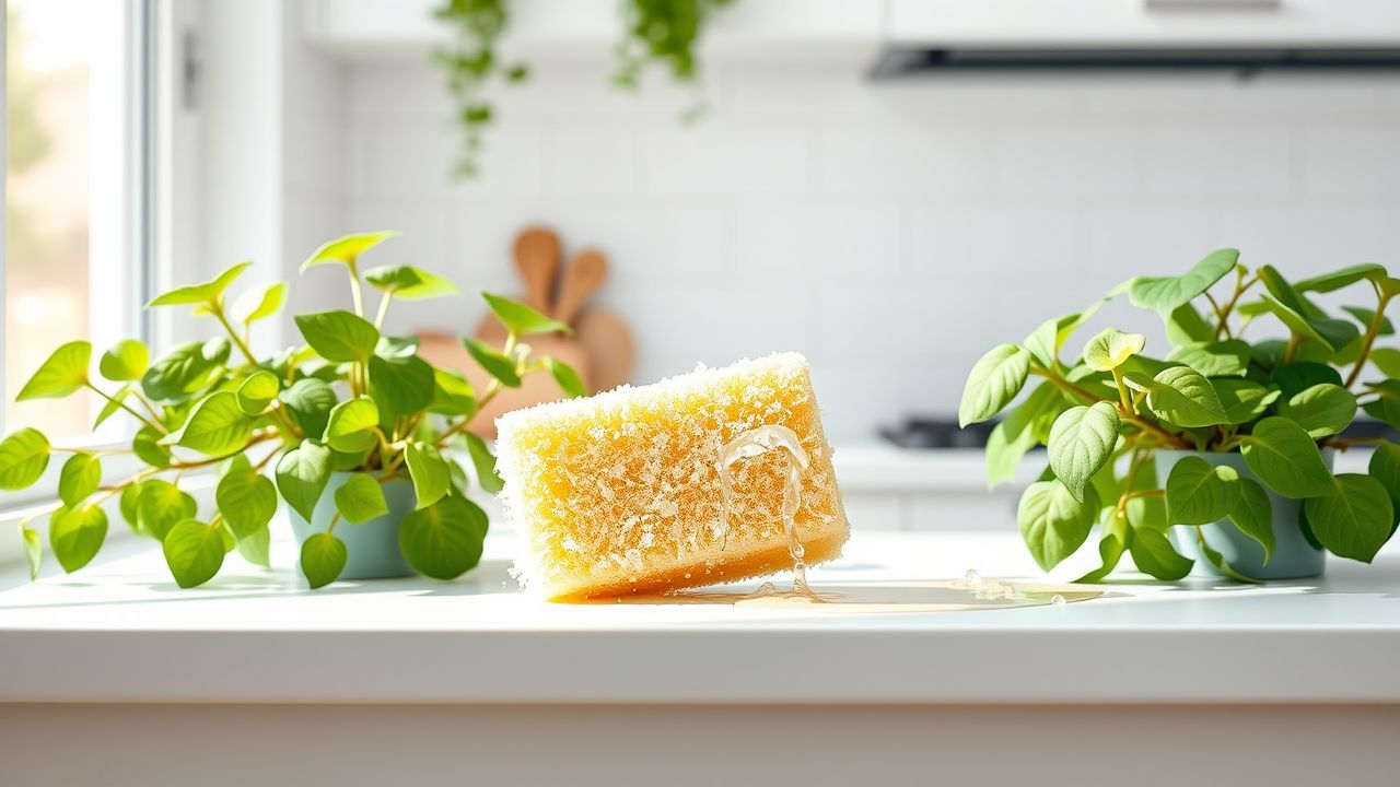 Een biologisch afbreekbare spons absorbeert gemorst water op een keukenblad.