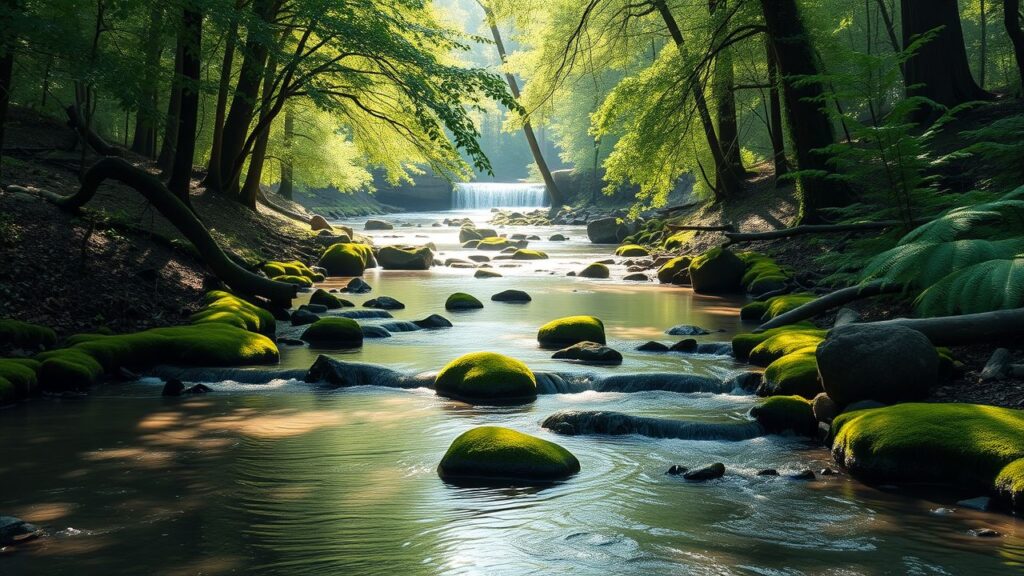 Een rustige beek stroomt door een dicht bos met zonlicht.