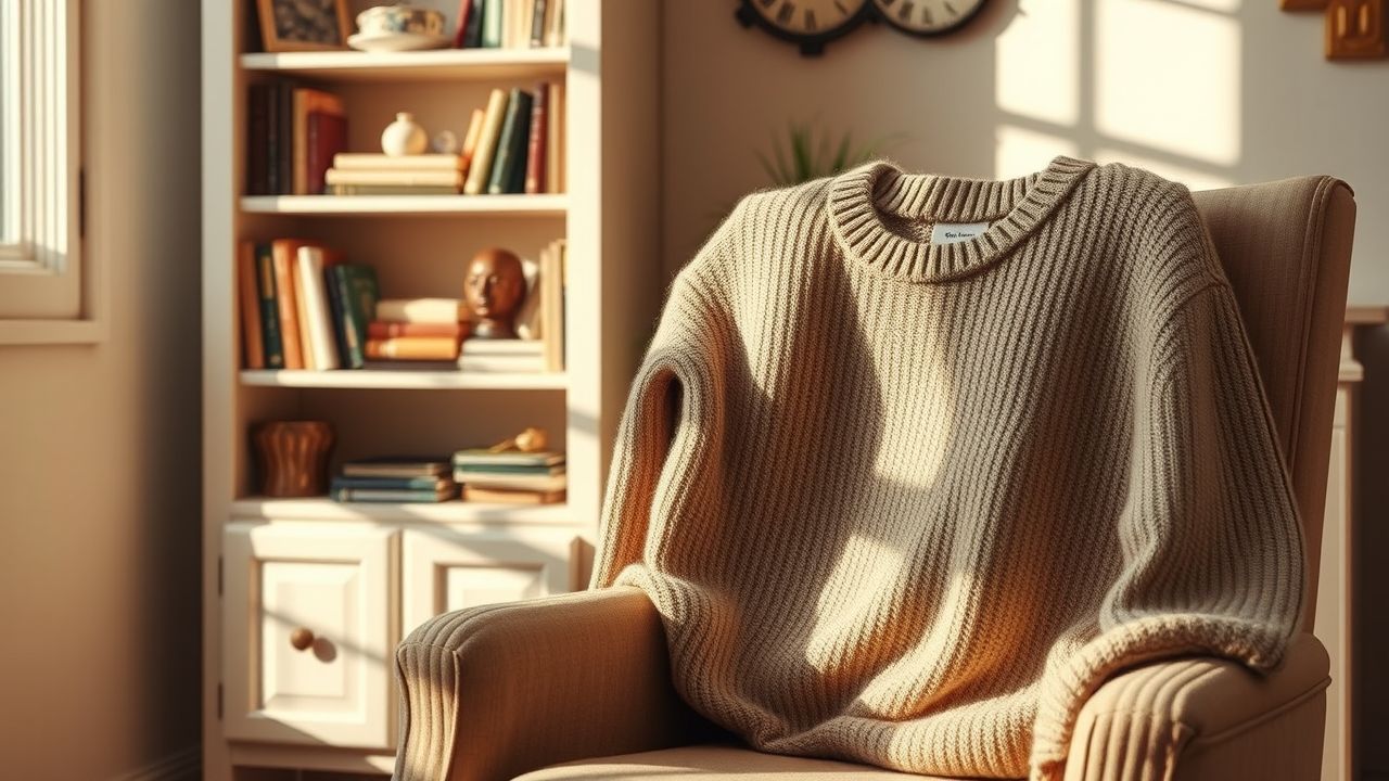 Een oude trui hangt nonchalant over een stoel in een nostalgische setting. Een oude trui hangt nonchalant over een stoel in een nostalgische setting.