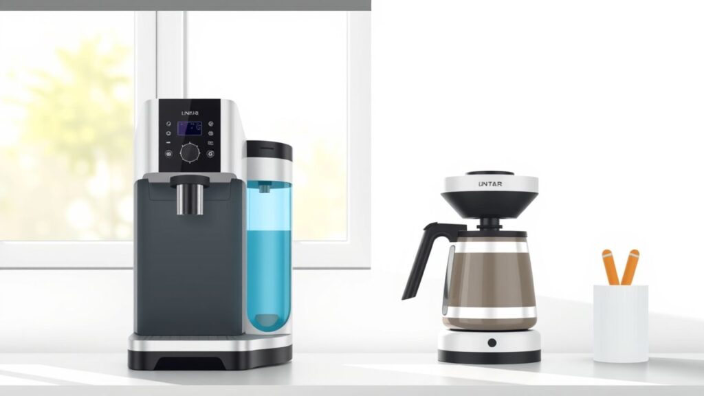 Een waterfiltratiesysteem wordt naast een koffiemachine op het aanrecht geplaatst.