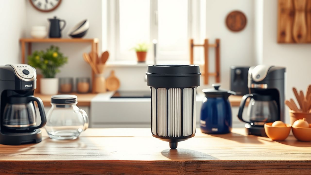 Een alternatief waterfilter voor Philips en Saeco koffiemachines op een rustiek aanrecht.