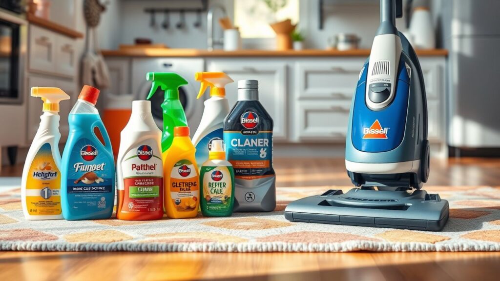 Een selectie van alternatieve schoonmaakmiddelen naast een Bissell-stofzuiger in een keuken.
