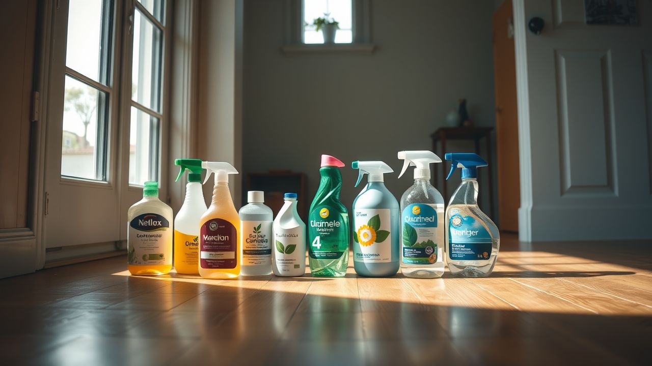 Eco-vriendelijke schoonmaakproducten op houten vloer voor duurzaam schoonmaken.