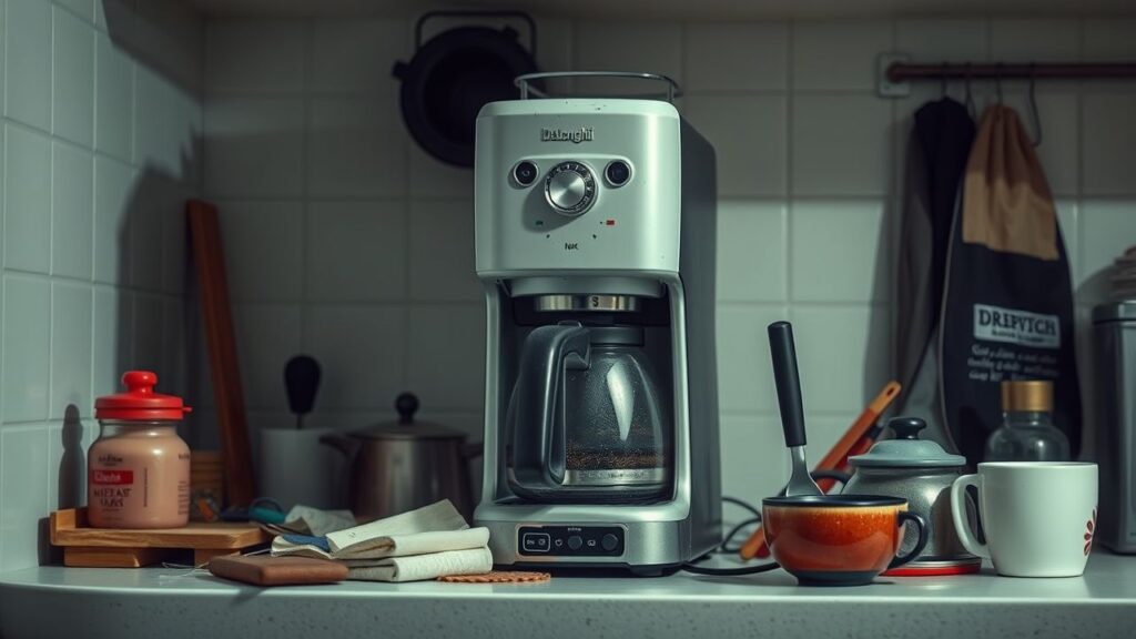 Een vervuilde DeLonghi koffiemachine op rommelig aanrecht.