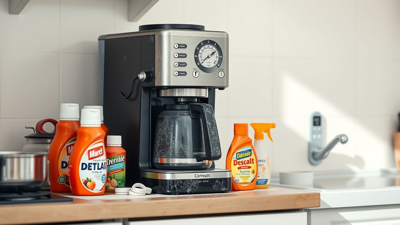Een koffiemachine bedekt met kalkaanslag staat op een rommelig aanrecht in een Nederlandse keuken.