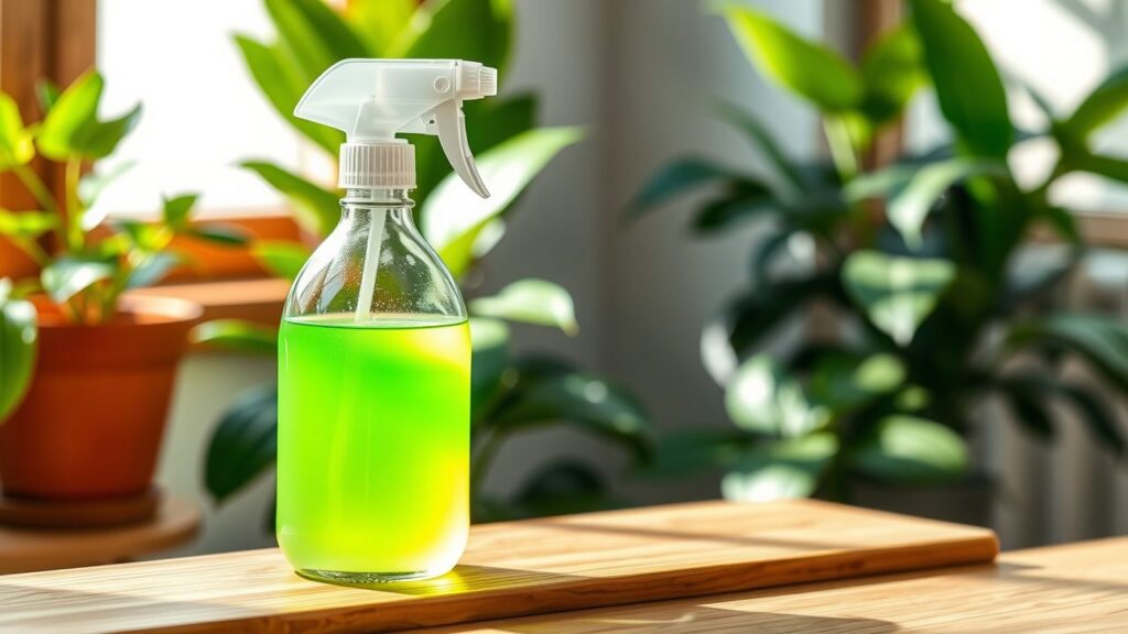 Een glazen sprayfles met zelfgemaakte groene schoonmaakoplossing op houten oppervlak.