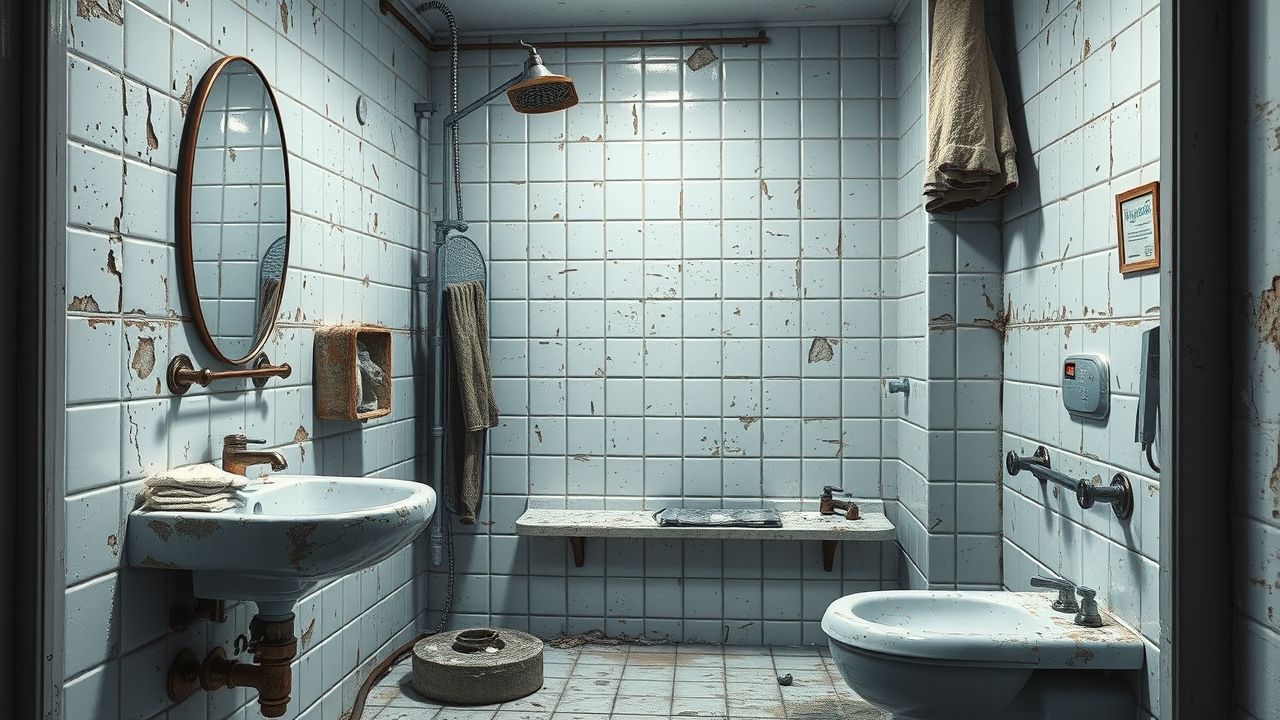 Een verwaarloosde badkamer met beschadigde armaturen en versleten oppervlakken.