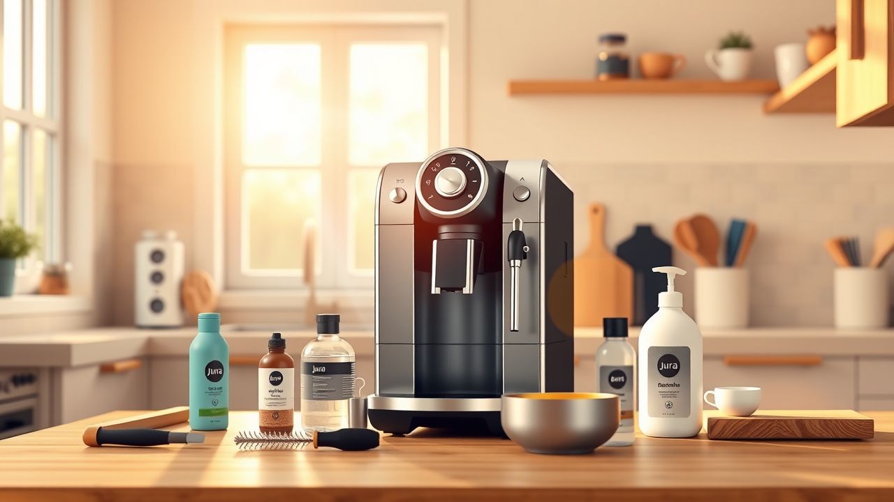 Een gezellige keuken met een Jura koffiemachine en ontkalkingsproducten.